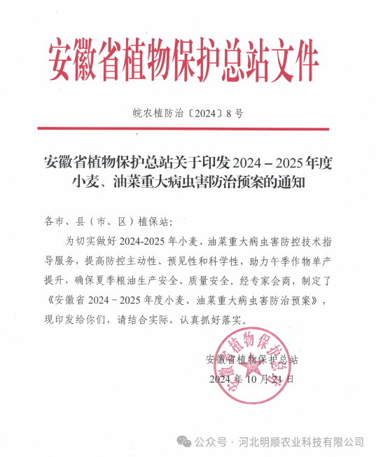 2024-2025安徽省小麦、油菜重大病虫害防治需添加助剂